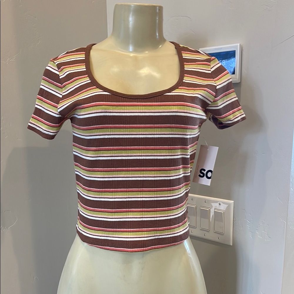 Striped Brown and White Women's juniors crop top size small NWT